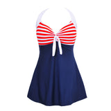 Plus Size Women Beach Stripe Halter Backless One-piece Swimwear Swimdress Briefs - ENSEIGNE DENIS