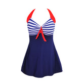 Plus Size Women Beach Stripe Halter Backless One-piece Swimwear Swimdress Briefs - ENSEIGNE DENIS