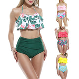 Ruffled Floral Print High Waist Halter Bikini Set Lady Two-piece Beach Swimwear