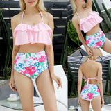 Ruffled Floral Print High Waist Halter Bikini Set Lady Two-piece Beach Swimwear