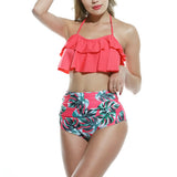 Ruffled Floral Print High Waist Halter Bikini Set Lady Two-piece Beach Swimwear