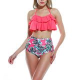 Ruffled Floral Print High Waist Halter Bikini Set Lady Two-piece Beach Swimwear