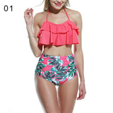 Ruffled Floral Print High Waist Halter Bikini Set Lady Two-piece Beach Swimwear