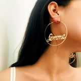 Women Geometric Femme Baby Letter Hollow Hoop Circle Earring Statement Jewelry