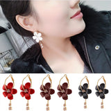 Korean Women Camellia Flower Long Tassel Rhinestone Party Leaverback Earrings