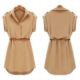 Women's Casual V-neck Cap Sleeve Solid Color Chiffon Shirt Dress with Brown Belt