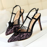 Women's Shoes High Heel Shallow Mouth Pointed Toe Mesh Lace Cutout Strap Sandals