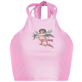 Angel Print Halter Halter Short Slim Fit Navel Cocktail