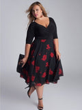 European And American Fashion Mid-Sleeve V-Neck Waist Printing Plus Size Dress
