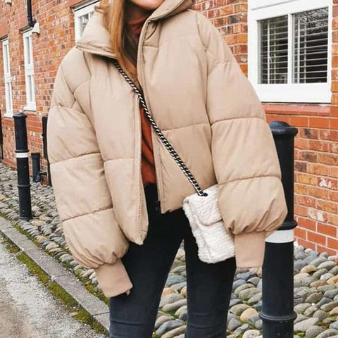 Zipper Khaki Thick Puffer Coat  Pockets Padded Coat Jackets