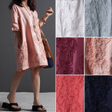 Summer Lady Floral Embroidered O-Neck Beach Cotton Linen Half Sleeve Loose Dress