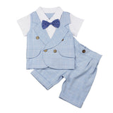 Baby Kids Boys Gentleman Short Sleeve Plaid T-Shirt Pants with Bow Tie Suit Set