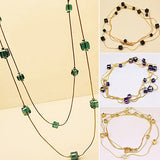 Women Square Rhinestones Beads 2 Layers Golden Alloy Chain Long Sweater Necklace