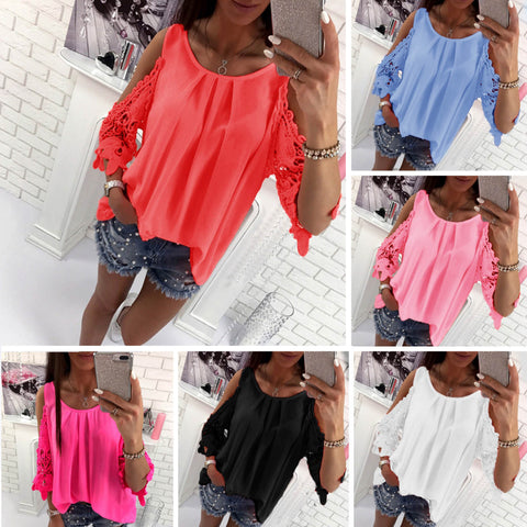 Women Hollow Sleeve Shirt Summer Solid Color Blouse Casual Back Strap Top - ENSEIGNE DENIS