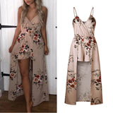 Sexy Women V Neck Spaghetti Strap Floral Print Romper Jumpsuit Long Maxi Dress
