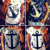 Women Fashion Casual Cotton Anchor Print Short Sleeve T-Shirt Summer Blouse Top - ENSEIGNE DENIS