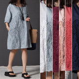 Summer Lady Floral Embroidered O-Neck Beach Cotton Linen Half Sleeve Loose Dress