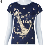 Women's Summer Style Blouse Letter Anchor Print Slim Top Cotton Casual T-shirt - ENSEIGNE DENIS
