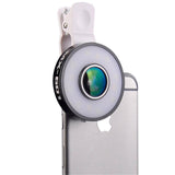 Universal LED Selfie Light Phone Lens 3 in 1 0.65X Wide Angle 10X Macro 185 Degree Fisheye Lens Kit For iPhone Android