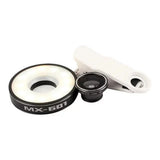 Universal LED Selfie Light Phone Lens 3 in 1 0.65X Wide Angle 10X Macro 185 Degree Fisheye Lens Kit For iPhone Android