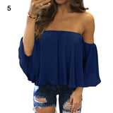 Lady Sexy Off Shoulder Long Sleeve Solid Color Loose Chiffon Top T-shirt Blouse