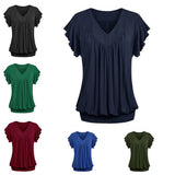 Women Plus Size Loose V Neck Short Sleeve Solid Color Top Pleated Fashion Blouse