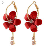 Korean Women Camellia Flower Long Tassel Rhinestone Party Leaverback Earrings