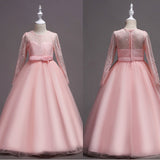 Fashion Girls Formal Lace Bowknot Long Sleeve Party Wedding Princess Maxi Dress