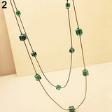 Women Square Rhinestones Beads 2 Layers Golden Alloy Chain Long Sweater Necklace