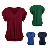 Women Plus Size Loose V Neck Short Sleeve Solid Color Top Pleated Fashion Blouse