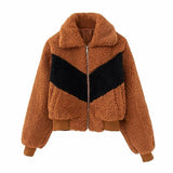 Patchwork Color Long Sleeve Fur Velvet Jacket Coat