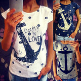 Women's Summer Style Blouse Letter Anchor Print Slim Top Cotton Casual T-shirt - ENSEIGNE DENIS