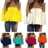 Lady Sexy Off Shoulder Long Sleeve Solid Color Loose Chiffon Top T-shirt Blouse