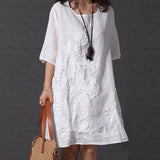 Summer Lady Floral Embroidered O-Neck Beach Cotton Linen Half Sleeve Loose Dress