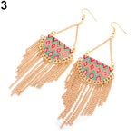 Women's Semicircle Tassels Rhombic Pattern Golden Tone Hook Earrings Jewelry