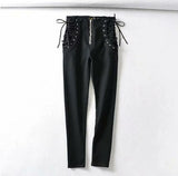 Vintage Skinny Zipper High Waist Cross Lacing up Jeans Women Slim Fit