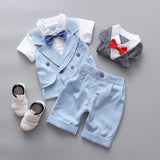 Baby Kids Boys Gentleman Short Sleeve Plaid T-Shirt Pants with Bow Tie Suit Set