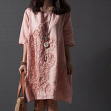 Summer Lady Floral Embroidered O-Neck Beach Cotton Linen Half Sleeve Loose Dress