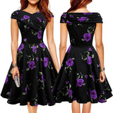 Elegant Women Flower Rose Boat Neck High Waist Big Swing Evening Party Dress