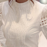 Women's Casual Lace Crochet Hollow Slim Blouses Long Sleeve White Shirt Top
