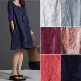 Summer Lady Floral Embroidered O-Neck Beach Cotton Linen Half Sleeve Loose Dress
