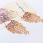 Women's Semicircle Tassels Rhombic Pattern Golden Tone Hook Earrings Jewelry