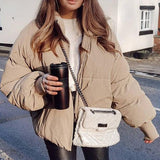 Zipper Khaki Thick Puffer Coat  Pockets Padded Coat Jackets