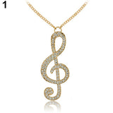 Fashion Women Fully Rhinestone Music Note Pendant Long Chain Sweater Necklace