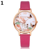 Women's Casual Butterfly Flower Faux Leather Strap Roman Numeral Wrist Watch