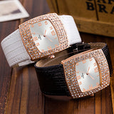 Women's Luxury Square Case Shiny Rhinestones Faux Leather Analog Wrist Watch - ENSEIGNE DENIS