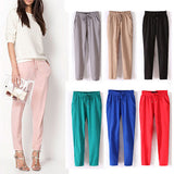 Women Fashion Casual Chffion Pants Solid Color Elastic Waist Full Length Trousers