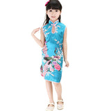 Children Girls Chinese Cheongsam Floral Peacock Lapel Sleeveless Summer Dress