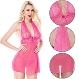 Women Sexy Halter Deep V-Neck Lace Babydoll Nightwear G-String Thongs Sleepwear