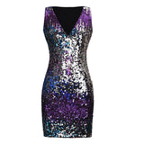Sexy Gradient Color Sequins Deep-V Sleeveless Summer Women Party Pub Mini Dress - ENSEIGNE DENIS